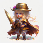 Illustrated character with golden hair, blue eyes, fancy hat, cloak, quill sword, gem