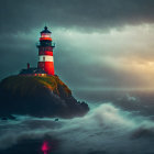 Striped lighthouse on rocky outcrop in stormy seas