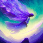 Ethereal figure in vibrant robes above misty mountain landscape