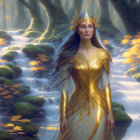 Futuristic woman in golden outfit surrounded by glowing lanterns at twilight