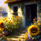 Charming cottage with sunflowers and stone pathway