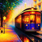 Colorful painting of vintage blue tram in city with autumn trees and figures.