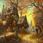 Fantasy Village with Autumn Treehouses and Golden Foliage