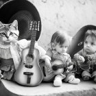 Two toddlers, a cat, and acoustic guitars in cozy scene.