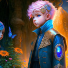 Colorful-haired children in magical forest with glowing lights and butterfly.