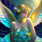 Ethereal figure with angelic wings in golden attire, surrounded by mystical blue glow and golden lamps