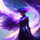 Elaborate blue armor with swirling purple energy cape