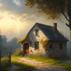 Stone cottage with yellow door in lush setting under dramatic sky