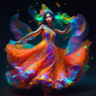 Vibrant woman dancing in fiery dress on dark background