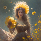 Woman with Floral Headdress in Sunlit Field of Flowers