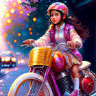 Young girl on red bicycle in vibrant autumn street with golden leaves and parked cars