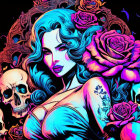 Colorful Gothic Artwork: Woman with Roses and Skulls