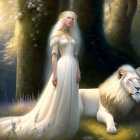 Woman in white dress with white lion and smaller feline in sunlit forest clearing