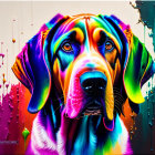 Colorful digital artwork: Dog in rainbow hues and dripping paint on white background