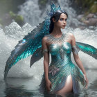 Blue-winged mystical woman in ornate costume surrounded by serene water and foliage