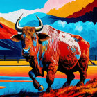 Colorful stylized bull in surreal landscape with vibrant hues