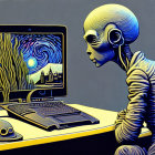 Alien figure with intricate head pattern observing laptop with "Starry Night" inspired screen