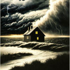 Solitary House in Stormy Landscape with Lit Windows