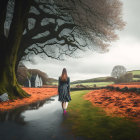 Woman standing on wet road near moss-covered trees, looking at countryside house and cherry blossom tree.