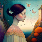 Stylized illustration of woman with butterflies in dreamlike landscape