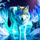 Digital artwork: Glowing-eyed wolves in icy blue forest