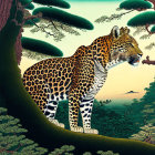 Leopard and Cub in Stylized Forest Scene