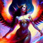 Mythical figure with fiery wings and ornate jewelry on blue backdrop