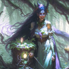 Mystical woman in hooded cloak with glowing jars in enchanted forest