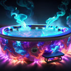 Glowing futuristic hot tub with neon blue water and swirling colors against dark background