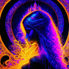 Colorful digital artwork: Woman with flowing hair and crown in neon circular frame