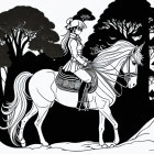 Vibrant illustration of person with purple hair on white horse amid colorful trees