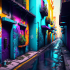 Colorful Alley with Graffiti Art and Reflections in Water Puddle