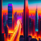 Vibrant sunset cityscape with neon lights and skyscrapers