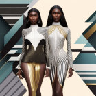 Futuristic black and gold-striped attire on mannequin-like figures