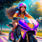 Colorful Motorcycle Rider with Flowing Hair on Sunny Day