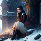 Woman in red and gold dress with lanterns in snow by gothic castle