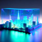 Cityscape laser-etched glass art with blue and green gradient on dark background