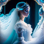 Woman in white dress and tiara gazes at reflection in mirror under blue light