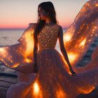 Glowing woman in butterfly wing dress on beach at dusk