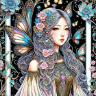 Fantasy digital art: Woman with butterfly wings among roses & Art Nouveau patterns