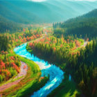 Vibrant landscape: winding river, lush forests, hills, warm light