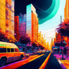 Colorful retro-futuristic street scene with old-fashioned bus and surreal sky