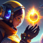 Futuristic astronaut in space suit with radiant star and distant astronaut.