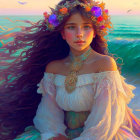 Young woman in flower crown and off-shoulder dress gazes at vibrant ocean sunset