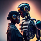 Humanoid robot and woman in warm backlit scene