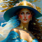 Digital artwork: Woman with flowing hair, wide-brimmed hat, golden jewelry, blue dress,