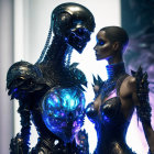 Intricate metallic humanoid robot with cybernetic woman