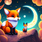 Adult and young fox under starry sky on cliff, gazing into distance