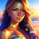 Blonde woman in blue and gold outfit with sunset beach background