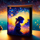 Open magical book with girl silhouette, cosmic scenery, glowing birds, starry night sky.